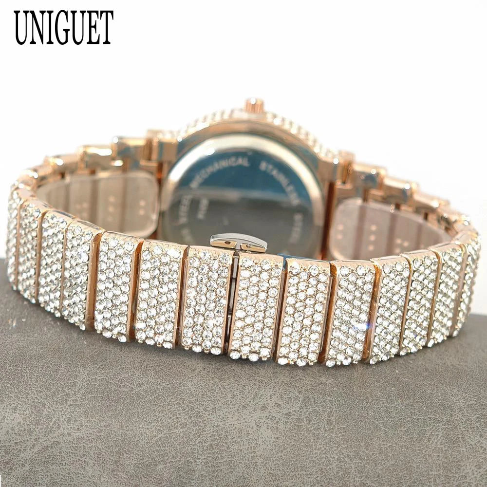 2025 UNIGUET Men's Fashion Iced Watches Luxury Hip Hop Full Diamond Jewelry Quartz Waterproof Business Wrist Watch for Men New