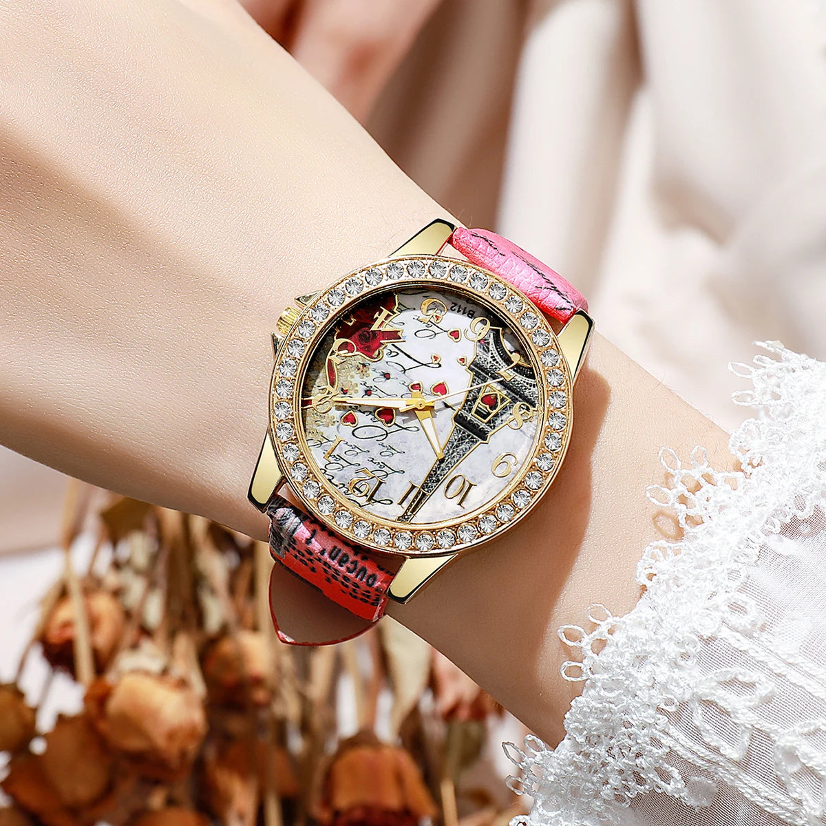 Fashion Flowers Women Watches Ladies Leather Strap Analog Quartz Watch Reloj Mujer Girls Clock Gift