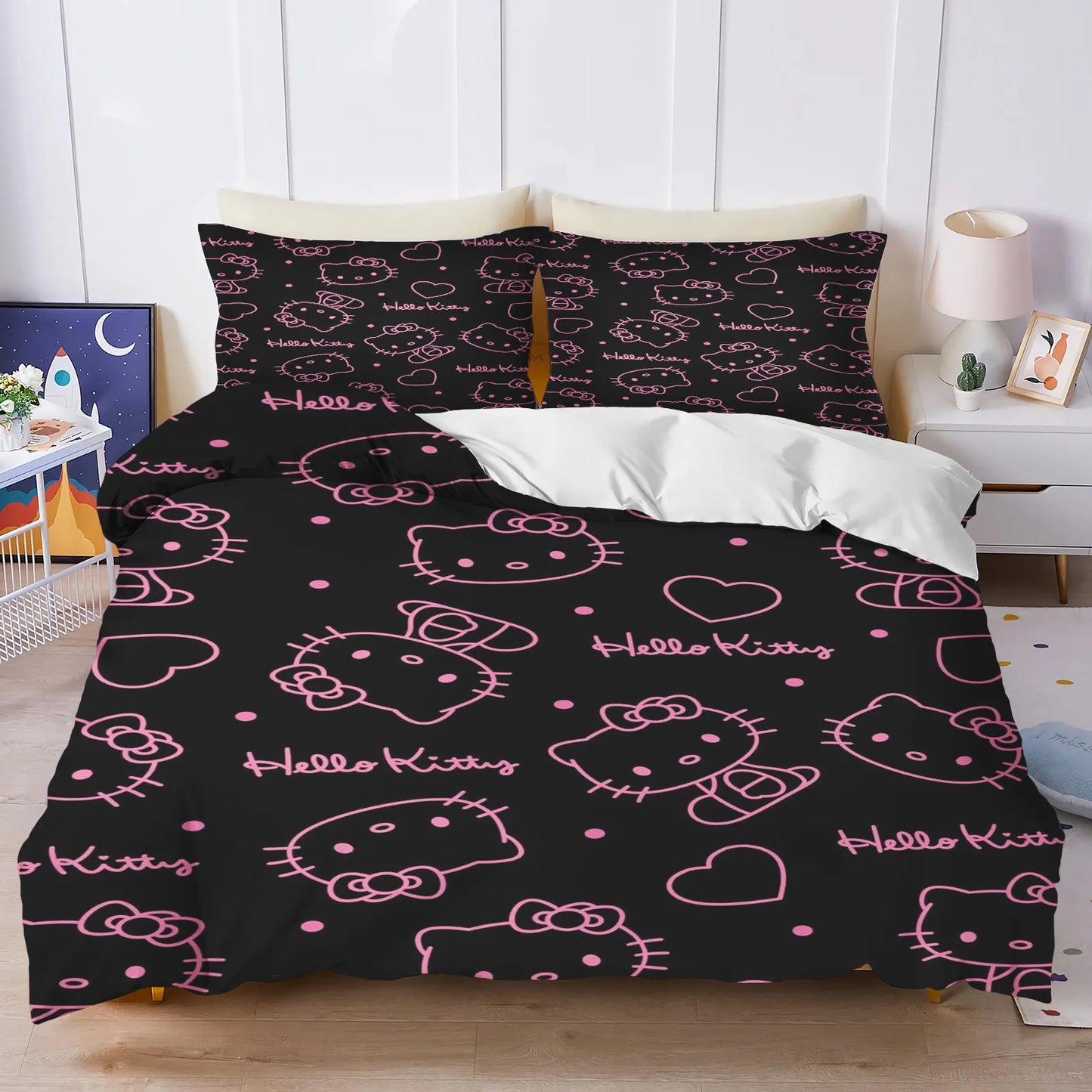Hello Kitty Bettbezug-Set, 3D-Kinderbettwäsche, 3-teilig, 1 Bettdeckenbezug, King Size