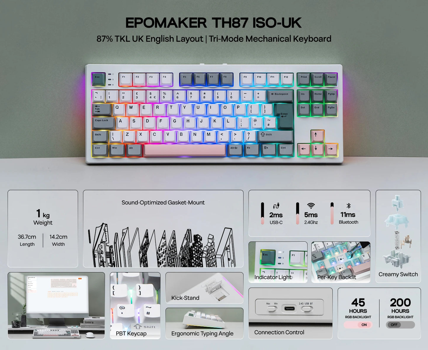 ISO-UK Layout EPOMAKER TH87 TKL Layout Wired/BT/2.4Ghz Wireless NKRO Mechanical Keyboard with 10000mAh Battery & RGB Light