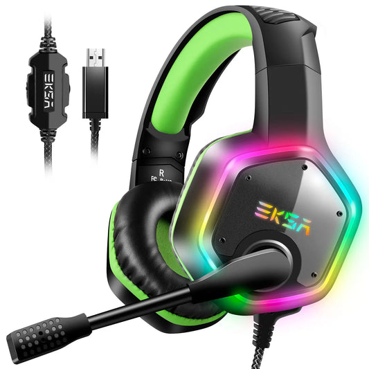 EKSA E1000 USB Gaming Headset for PC, PS4 & PS5, 7.1 Surround Sound Gaming Headset with Noise Cancelling Microphone, RGB Wired Gaming Headphones