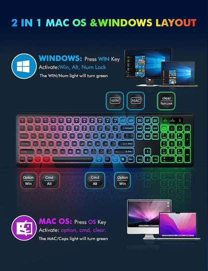 Combo de teclado y ratón inalámbricos con retroiluminación RGB, letras iluminadas recargables, tamaño completo, ergonómico, modo de suspensión, 2.4GHz