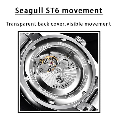 BENYAR 39mm Automatic Mechanical Watch Seagull Movt Men Stainless Steel 100M Waterproof Clock BWG-9 Luminous Reloj Hombre