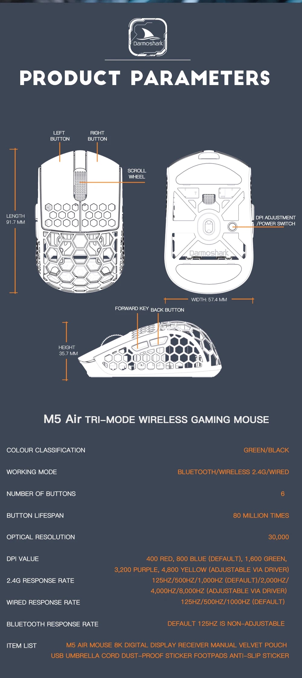 Darmoshark M5Air geschmiedete Carbonfaser kabellose 8K-Gaming-Maus PAW3950 30K DPI für kleine Hände, Finger-Grip, Game-Makro-Maus, leicht