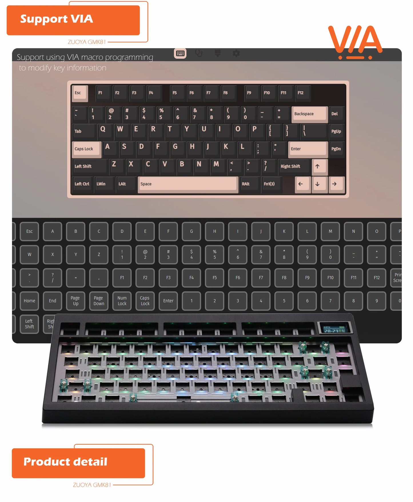 ZUOYA GMK81 Mechanical Keyboard Kit Hot-Swappable Bluetooth 2.4G Wireless RGB Backlit Gasket Structure Support for