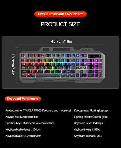 104Keys Gaming Keyboard and Mouse Combo with RGB Backlit,All-Metal Panel Waterproof Light Up,USB Wired Computer Keyboards Gaming