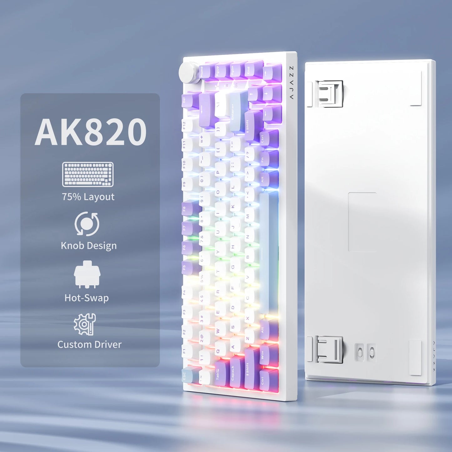 Teclado Mecânico com Fio AJAZZ AK820 75%: Hot-Swappable, Retroiluminação RGB/Branca/Azul-Gelo, Controlo por Botão de Volume | Para Escritório e Gaming