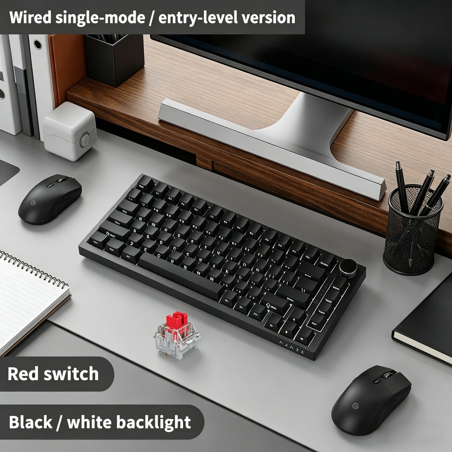 Teclado Mecânico com Fio AJAZZ AK820 75%: Hot-Swappable, Retroiluminação RGB/Branca/Azul-Gelo, Controlo por Botão de Volume | Para Escritório e Gaming