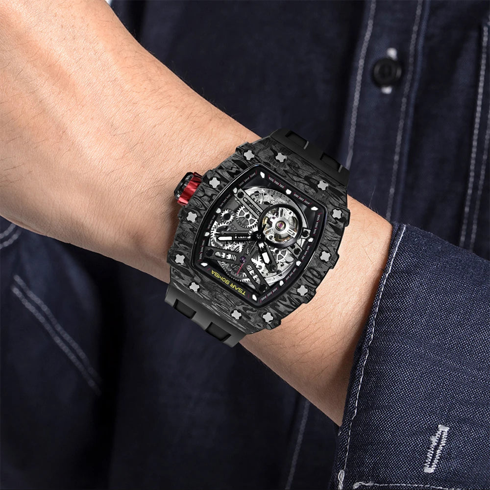 TSAR BOMBA Carbon Fiber Automatic Mechanical Watch for Men Waterproof Skeleton Mens Watches Top Brand Luxury Wristwatches