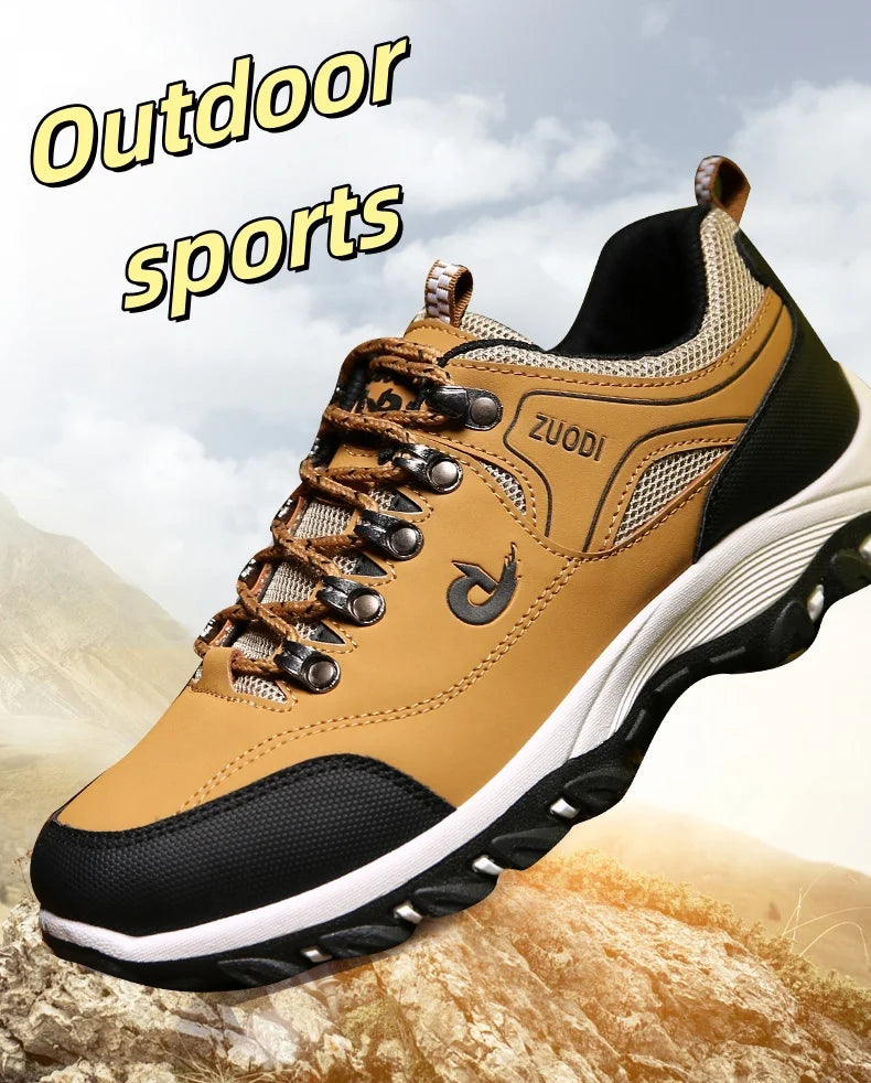 Autumn and Winter Men's Waterproof Hiking Shoes, Outdoor PU Leather Sports Shoes, Wear-Resistant, Walking, Tactical