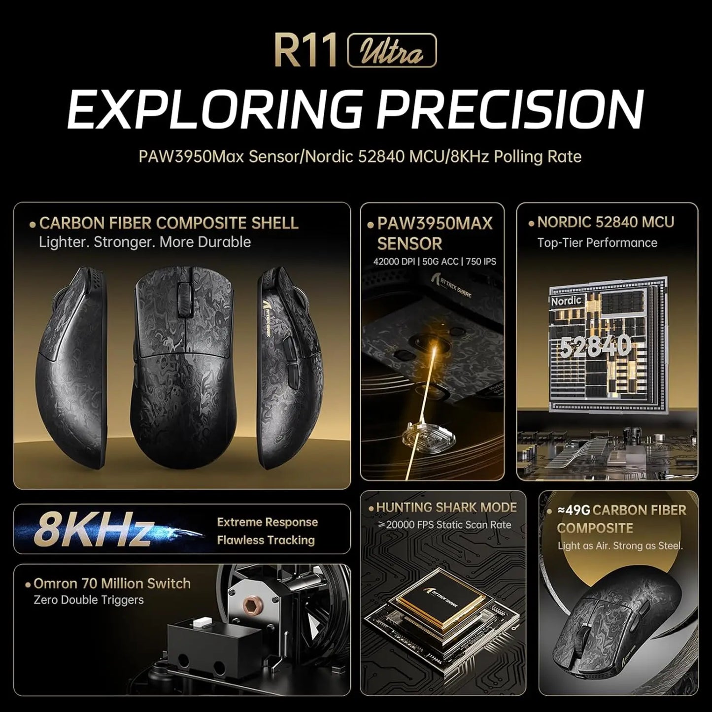 Ratón gaming inalámbrico ATTACK SHARK R11 ULTRA de fibra de carbono 49g 8000Hz, 42000 DPI, 20000 FPS, PAW3950MAX, chip Nordic 52840