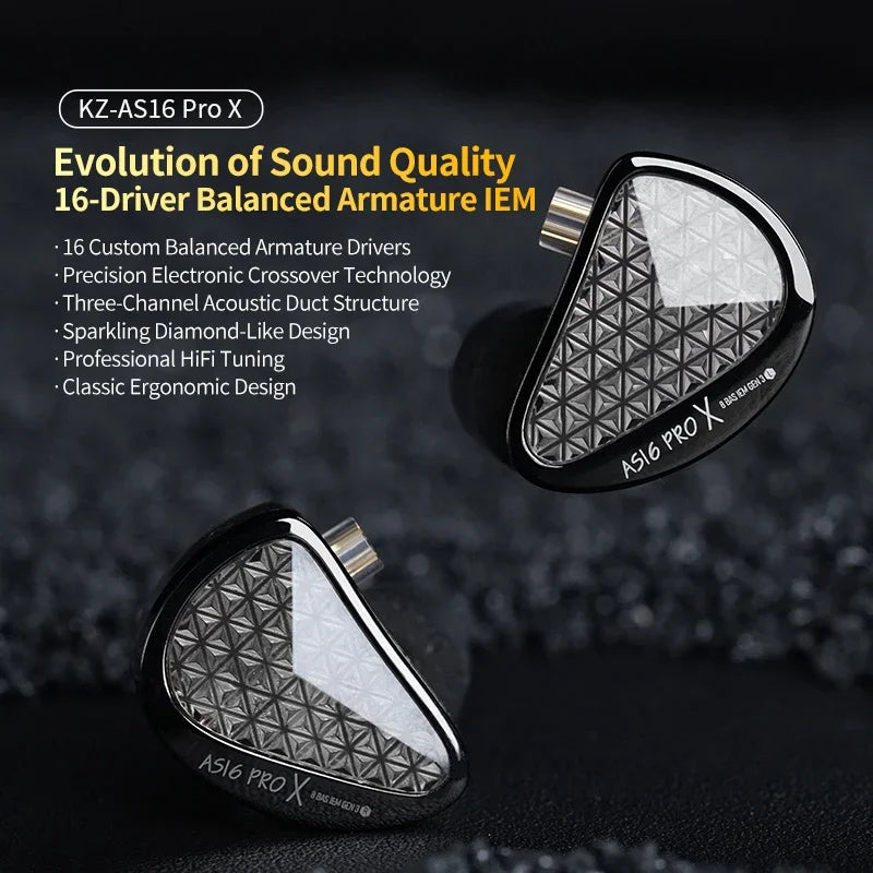 KZ AS16 PRO X HiFi-In-Ear-Monitor-Ohrhörer – Kabelgebundene Kopfhörer mit 8 Balanced-Armature-Treibern und Mikrofon