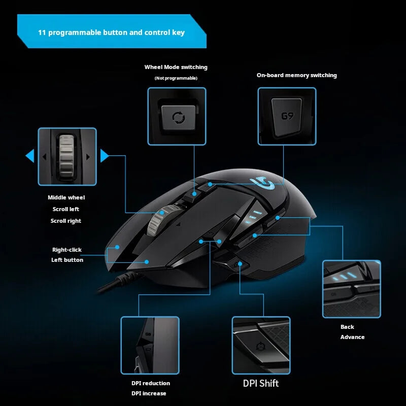 Mouse da gaming con cavo Logitech G502 HERO E-Sports, mouse meccanico RGB con bilanciamento regolabile, macro programmabili per Battle Royale