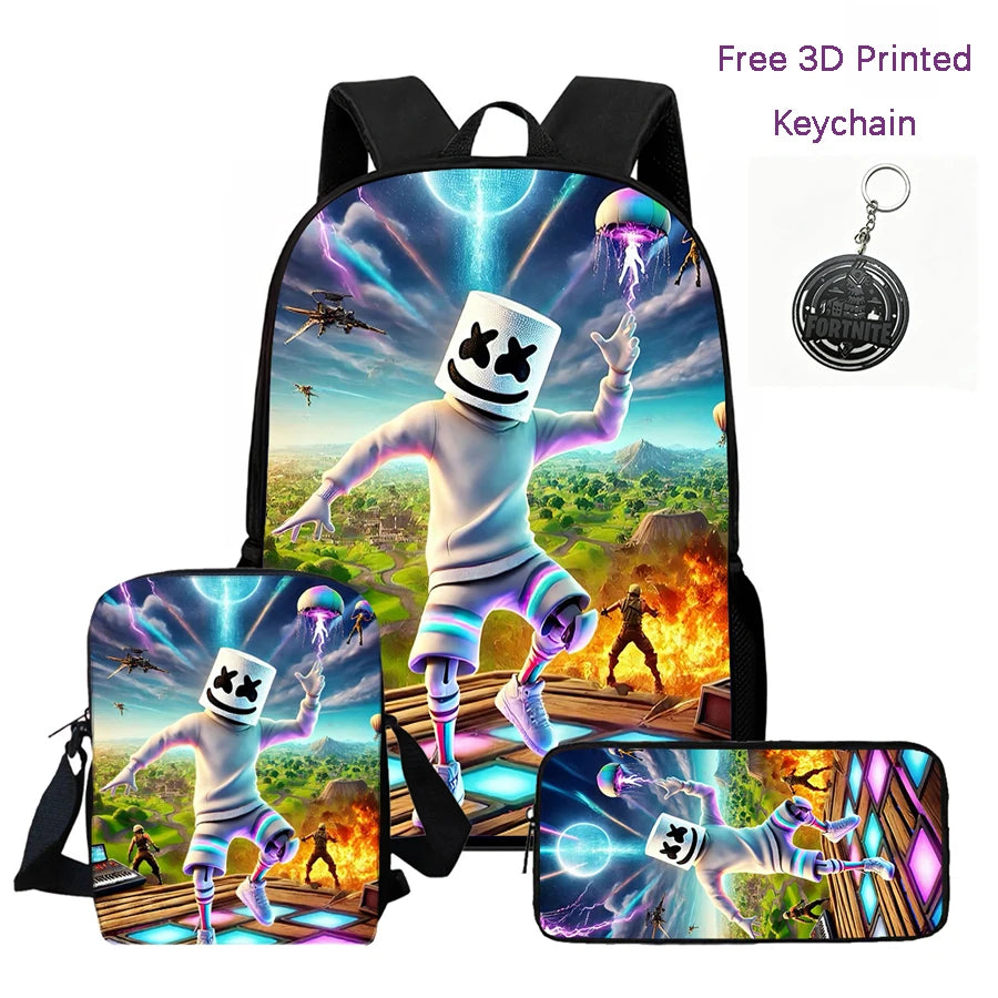 3-teiliges Kinder-Rucksack-Set, Umhängetasche & Federmäppchen, FORTNITE-Cartoon-Tasche, leicht, für Jungen und Mädchen von 6-10, kostenloser 3D-gedruckter Schlüsselanhänger