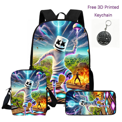 3-teiliges Kinder-Rucksack-Set, Umhängetasche & Federmäppchen, FORTNITE-Cartoon-Tasche, leicht, für Jungen und Mädchen von 6-10, kostenloser 3D-gedruckter Schlüsselanhänger