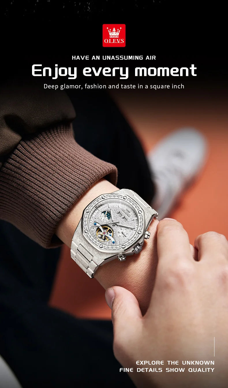 OLEVS Gold Steel Mens Watches Top Brand Automatic Mechanical Luxury Watch Sport Waterproof Tourbillon Wrist Watch Reloj Hombre