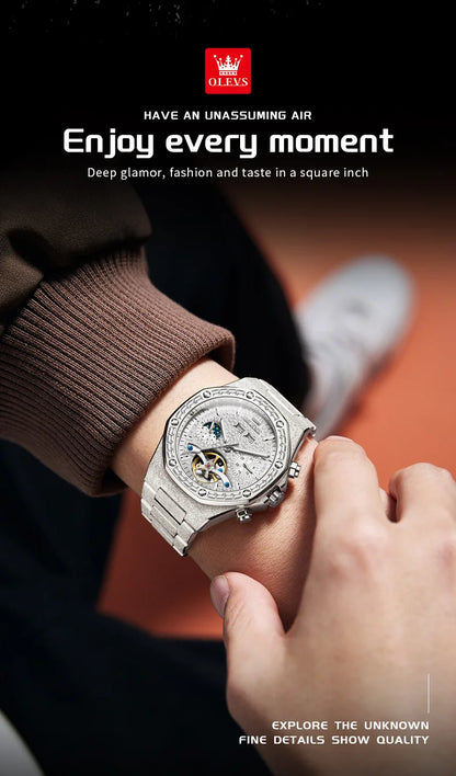 OLEVS Gold Steel Mens Watches Top Brand Automatic Mechanical Luxury Watch Sport Waterproof Tourbillon Wrist Watch Reloj Hombre