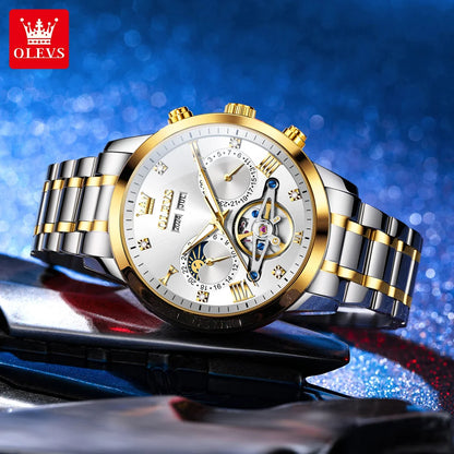 OLEVS Men's Watches Moon Phase Hollow Flywheel Exclusive Original Automatic Mechanical Watches For Men Luxury Man Watch New 7029