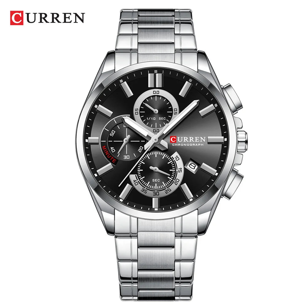 CURREN Men's Stainless Steel Chronograph Watches with Luminous Hands,Triple Sub-Dials Auto Date Fashion Design Quartz Wristwatch