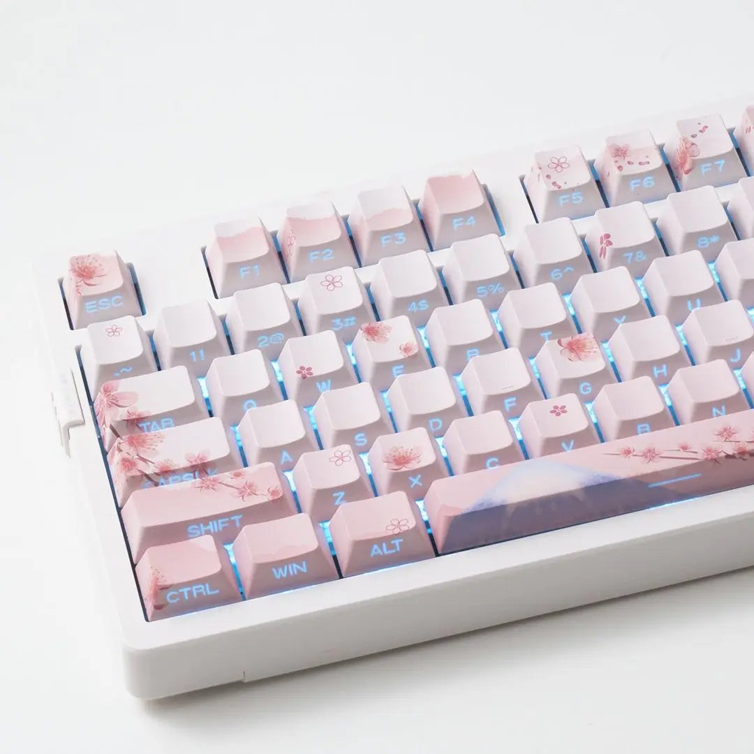 Conjunto de Keycaps Sakura Pink com Gravação Lateral em PBT Translúcido, 127 Teclas para Teclados Mecânicos MX Switch 60/84/90/104/108
