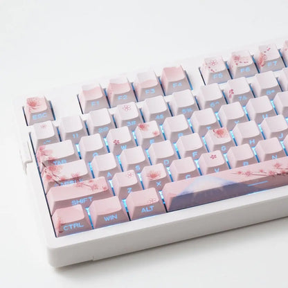 Conjunto de Keycaps Sakura Pink com Gravação Lateral em PBT Translúcido, 127 Teclas para Teclados Mecânicos MX Switch 60/84/90/104/108