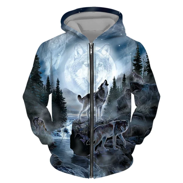 3D Wolf Print Men's Zipper Hoodies Fashion Animal Pattern Top Coat Street Punk Style Oversized Sweatshirts Outdoor Leisure Jackets