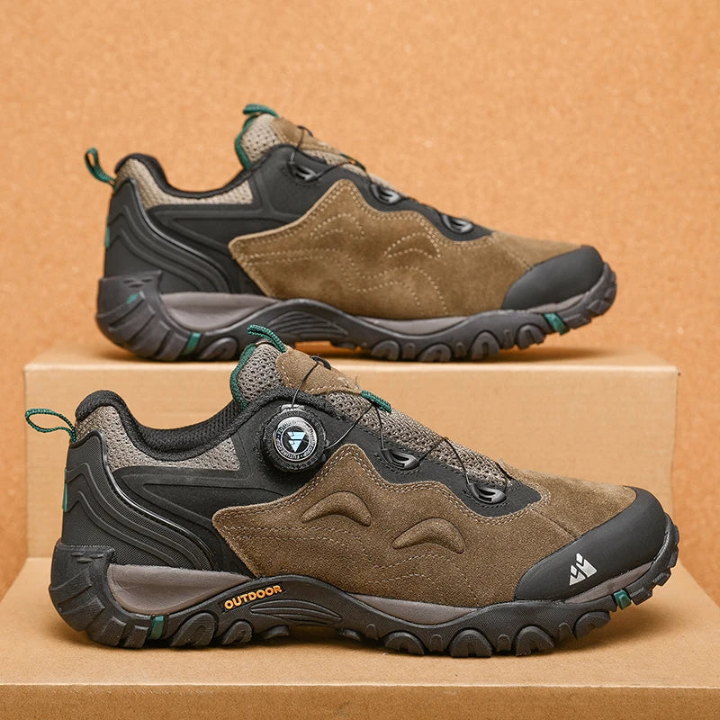 HIKEUP Leather Men's Outdoor Hiking Shoes Tourist Trekking Sneakers Mountain Climbing Trail Jogging Shoes with Turnbuckle