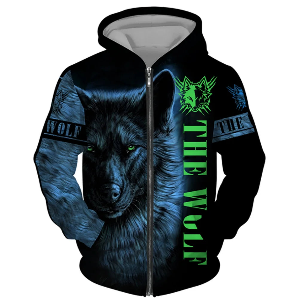 3D Wolf Print Men's Zipper Hoodies Fashion Animal Pattern Top Coat Street Punk Style Oversized Sweatshirts Outdoor Leisure Jackets
