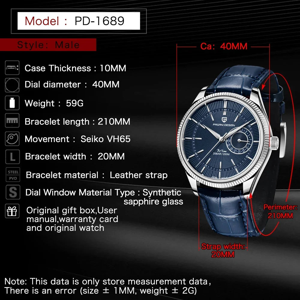 PAGANI Design PD1689 Men's Quartz Watch Japan VH65 Movement Sapphire Glass Leather Strap 20Bar Waterproof Men's Wristwatch