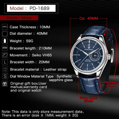 PAGANI Design PD1689 Men's Quartz Watch Japan VH65 Movement Sapphire Glass Leather Strap 20Bar Waterproof Men's Wristwatch