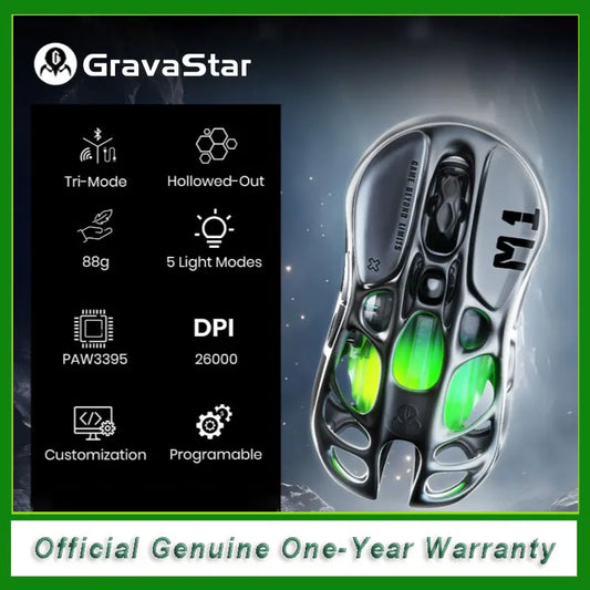 GravaStar Mercury M1 Pro trådlös gamingmus 26000DPI kabelansluten / 2.4GHz / Bluetooth GLOWSYNC RGB