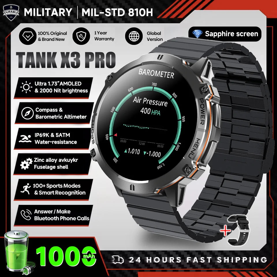 2026 New Military TANK X3 Smartwatch für Herren, 1000mAh Akku, 10ATM wasserdicht zum Schwimmen, GPS-Route, 1.75" AMOLED HD, Anrufe, Sport-Smartwatch