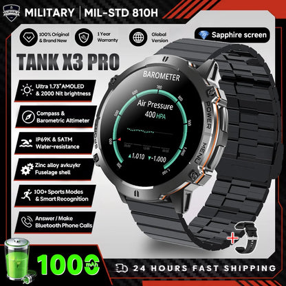 2026 New Military TANK X3 Smartwatch für Herren, 1000mAh Akku, 10ATM wasserdicht zum Schwimmen, GPS-Route, 1.75" AMOLED HD, Anrufe, Sport-Smartwatch