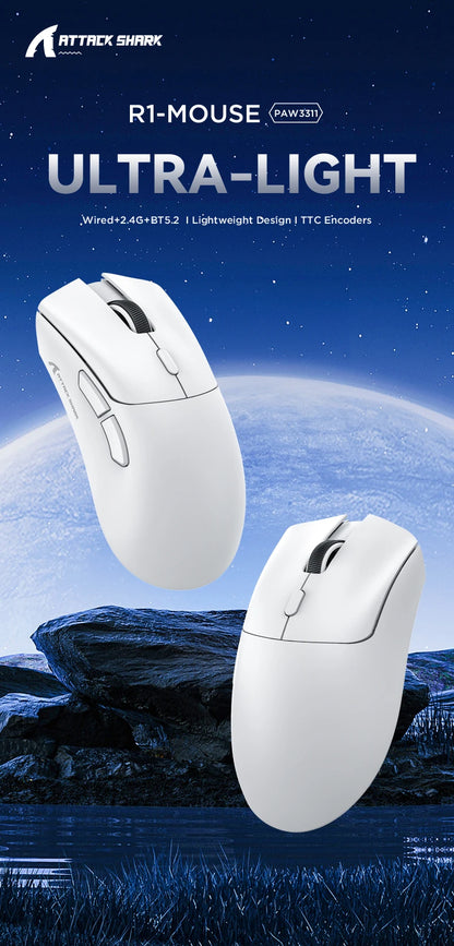 Attack Shark R1 belaidė Bluetooth žaidimų pelė, influencerių įvertinta populiari pelė, PAW3311 jutiklis, 1000Hz atsako dažnis