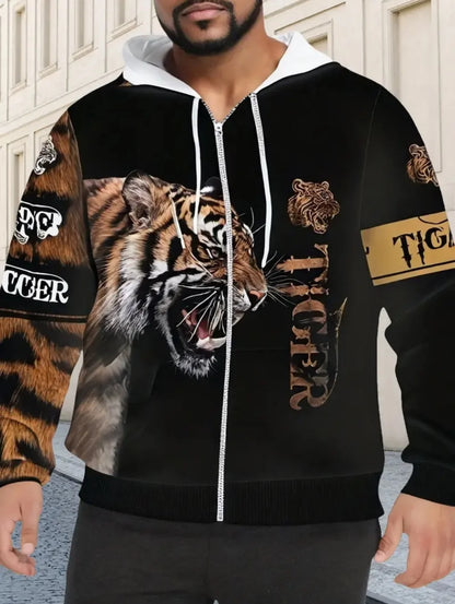 2025 Men's Long Sleeve Zip-up Tiger Graphic Hoodie Casual Outdoor Fashion Coat with Drawstring and Pockets Zip-up Hoodie for Men