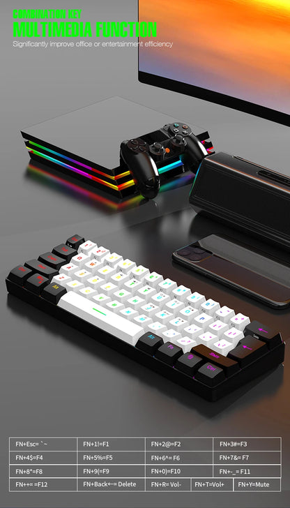 Wasserdichte mechanische 61-Tasten-Tastatur mit Kabel in Weiß, mit schwarzen und blauen Switches, RGB-beleuchtet – Gaming- und Office-Set, PUBG Gamer Backlit