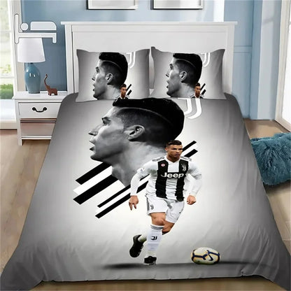 Copripiumino 3D calcio CR7, set biancheria da letto morbido con copripiumino e 1/2 federe per cuscino, per bambini e adulti, copertura in microfibra
