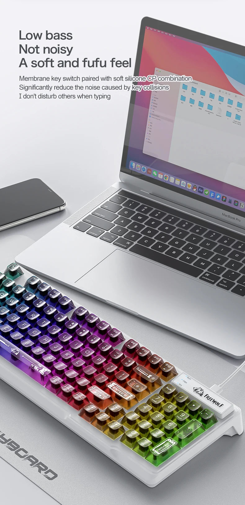FREEWOLF M95 Wired Keyboard Features an RGB Transparent Design,Catering to Various Scenarios such as Gaming and Office Work