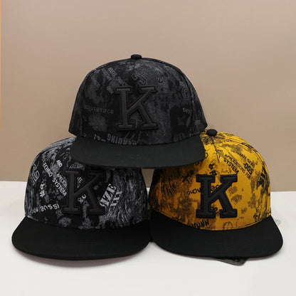 1pc K letter embroidered hip-hop baseball cap with sun visor and flat brim cap