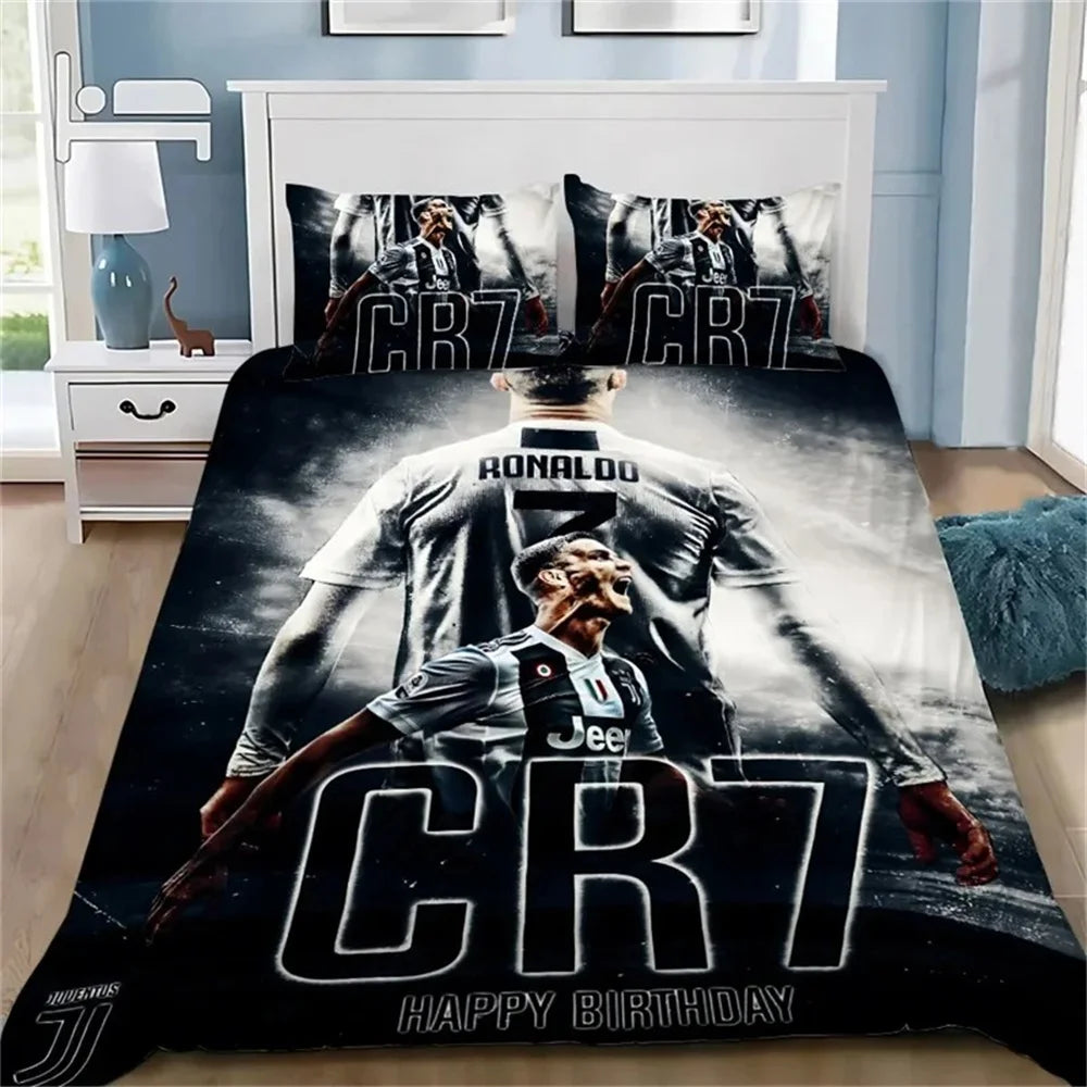 Copripiumino 3D calcio CR7, set biancheria da letto morbido con copripiumino e 1/2 federe per cuscino, per bambini e adulti, copertura in microfibra