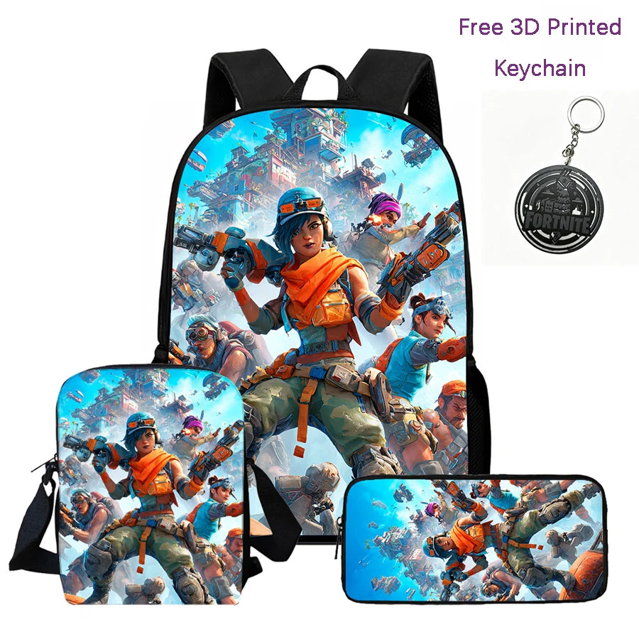 3-teiliges Kinder-Rucksack-Set, Umhängetasche & Federmäppchen, FORTNITE-Cartoon-Tasche, leicht, für Jungen und Mädchen von 6-10, kostenloser 3D-gedruckter Schlüsselanhänger