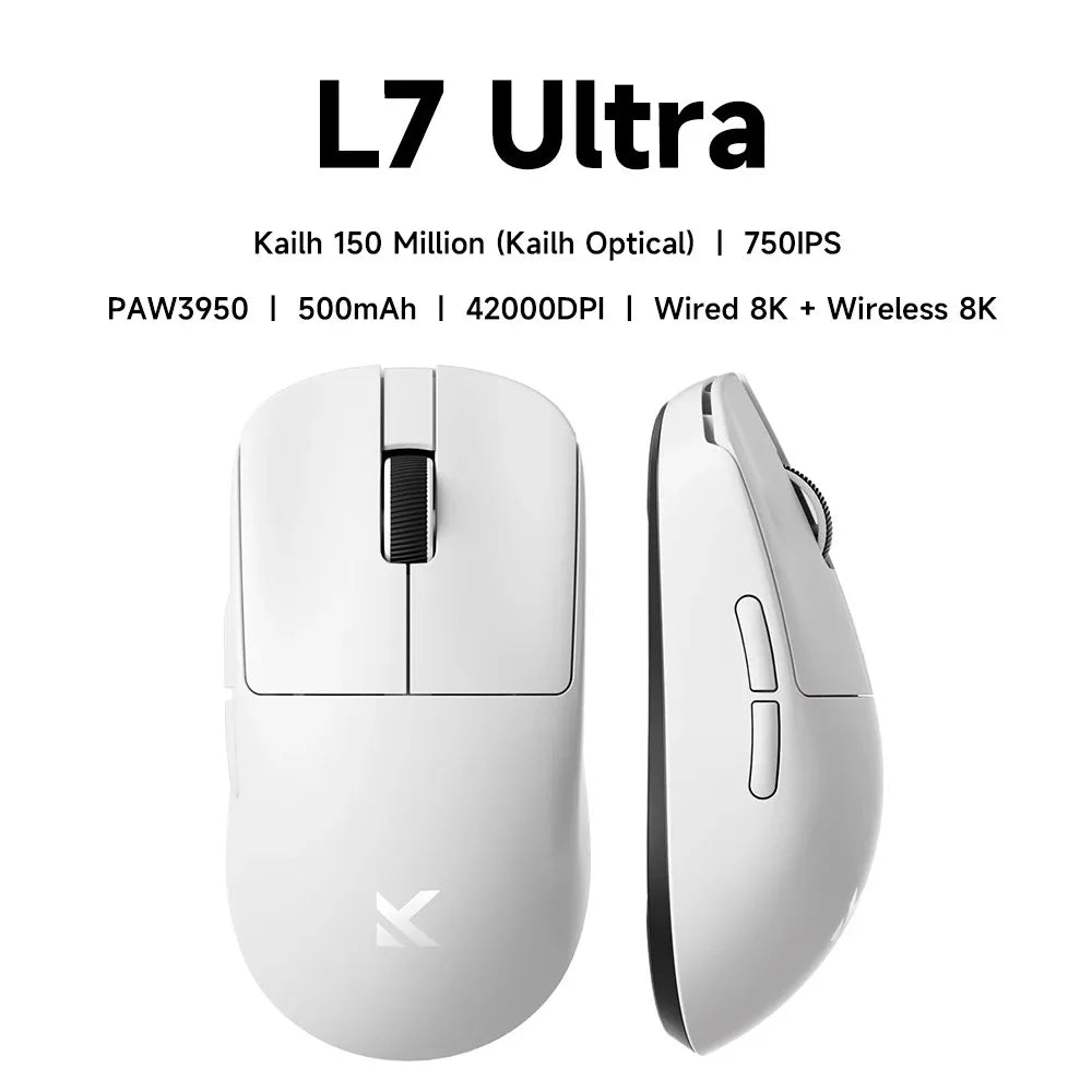 MCHOSE L7 Ultra+ vidutinė–didelė delninė žaidimų pelė, e. sportui, Paw3950, belaidė, trijų režimų, lengva, biuro, dvigubos pavaros kompiuterio pelė