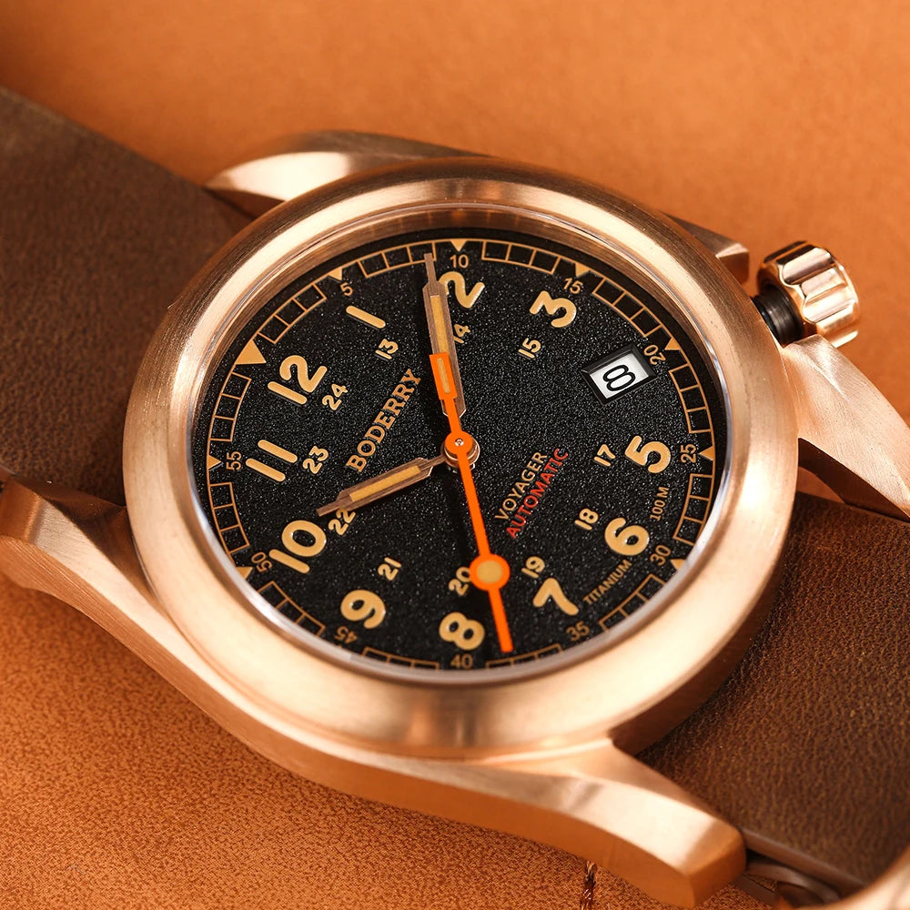 Boderry VOYAGER Field Watches Bronze Case Automatic For Seiko NH35 Watch 100M Waterproof Clock Military Vintage Wristwatch Mens