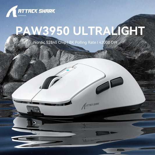 Mouse gaming wireless leggero Attack Shark R6, mouse per computer con sensore PAW 3950Max e Nordic 52480, polling 8KHz