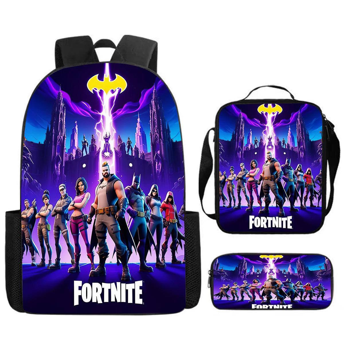 Fortnite Cartoon 3-teiliges Set, großes Fassungsvermögen, geeignet für Jungen und Mädchen von 5-8 Jahren, inklusive Rucksack, Lunchbag und Federmäppchen