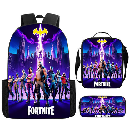 Fortnite Cartoon 3-teiliges Set, großes Fassungsvermögen, geeignet für Jungen und Mädchen von 5-8 Jahren, inklusive Rucksack, Lunchbag und Federmäppchen