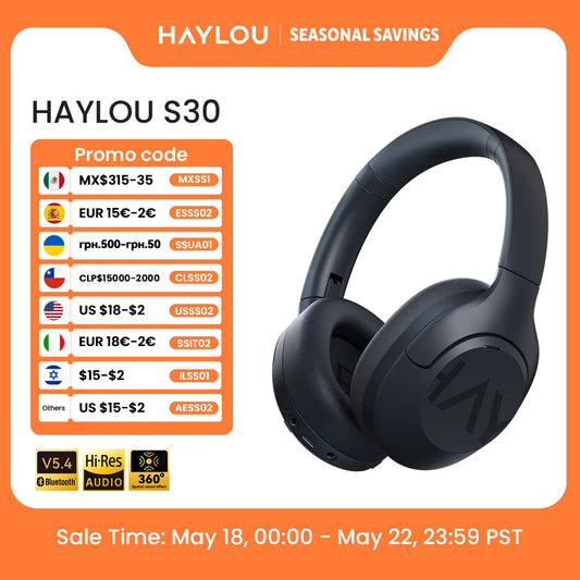 HAYLOU S30 Wireless Bluetooth 5.4 Headphones – 43dB Adaptive Noise Cancelling Over-Ear Headphones, 40mm Driver, 80H Playtime Hi-Res ANC Headset with Microphone