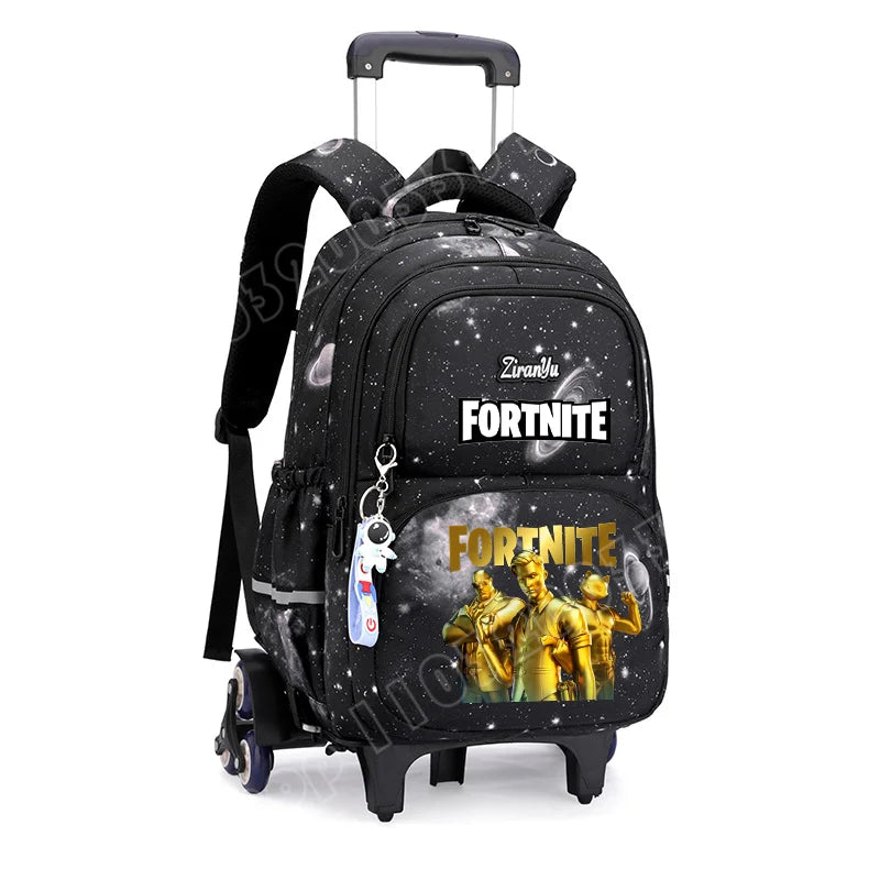 Fortnite-Trolleytasche – leichtes Treppensteigen, Anime-Design, wasserfester Rucksack mit Rollen, großes Fassungsvermögen, Schultasche für Schüler, lässige Reisetasche