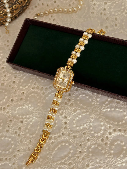 1 new gold luxury ladies waterproof quartz watch rectangular dial with double-row pearl bracelet simple niche ladies watch