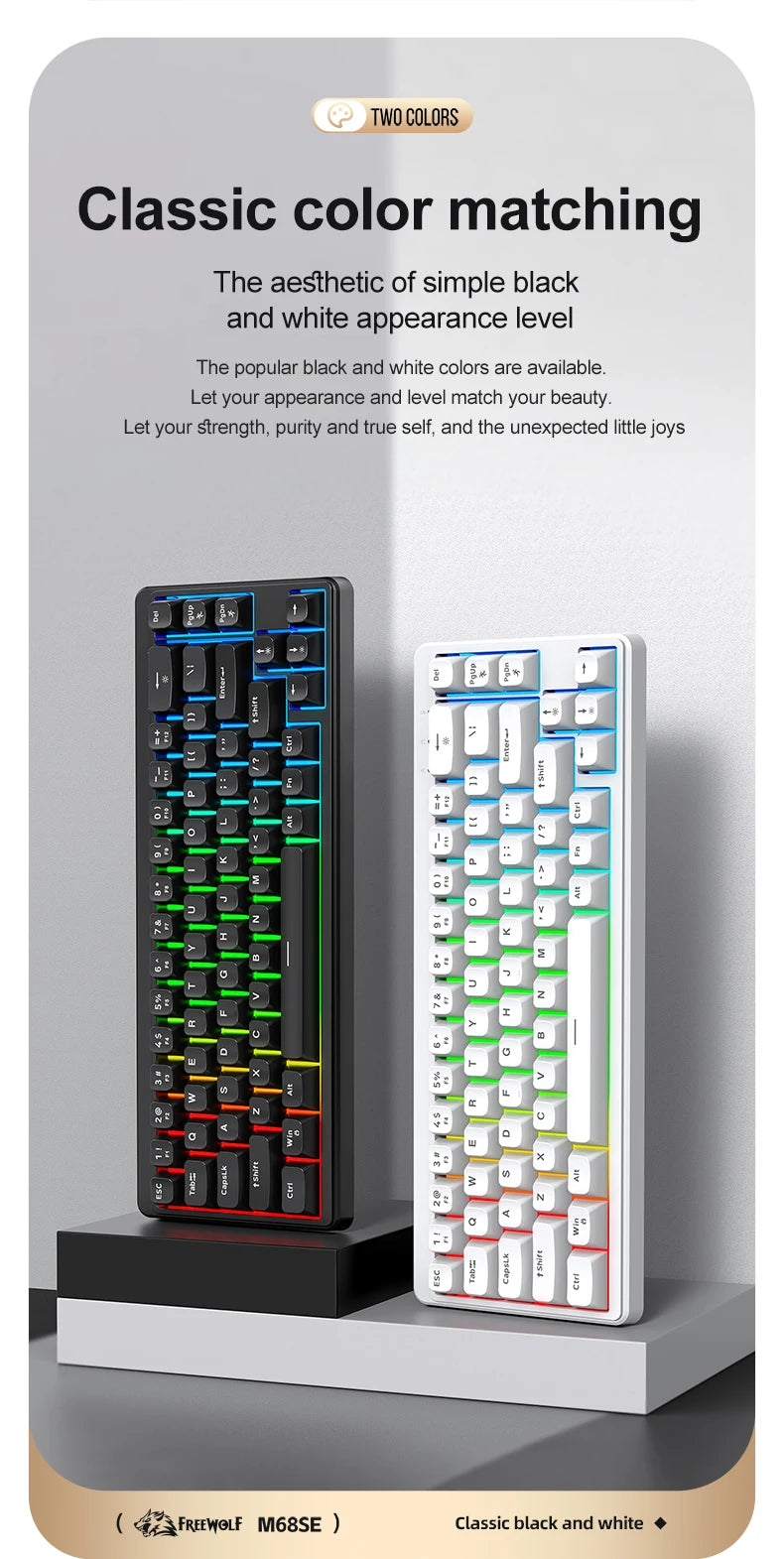 FREEWOLF M68SE Mechanical Feel Keyboard 68 Keys Mini Wired Compact Keyboard Silent for Laptops, Gaming and Office Use